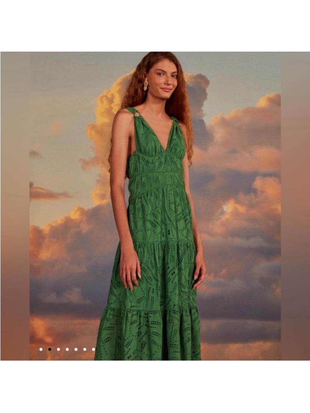 FARM RIO monstera corset bodice eyelet sleeveless v-neck tiered maxi dress green